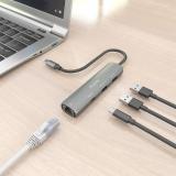 AISENS - Dock USB-C A Ethernet Gigabit + Hub 1xUSB-C+2xUSB-A, Gris, 15cm
