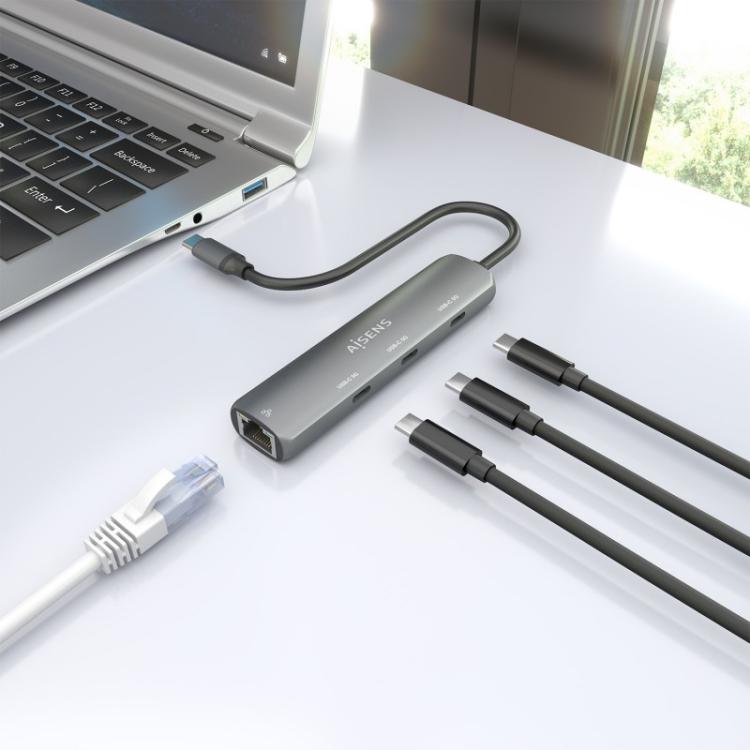 AISENS - Dock USB-C A Ethernet Gigabit + Hub 3xUSB-C, Gris, 15cm