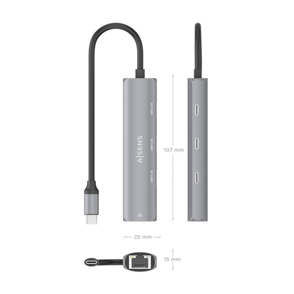 AISENS - Dock USB-C A Ethernet Gigabit + Hub 3xUSB-C, Gris, 15cm