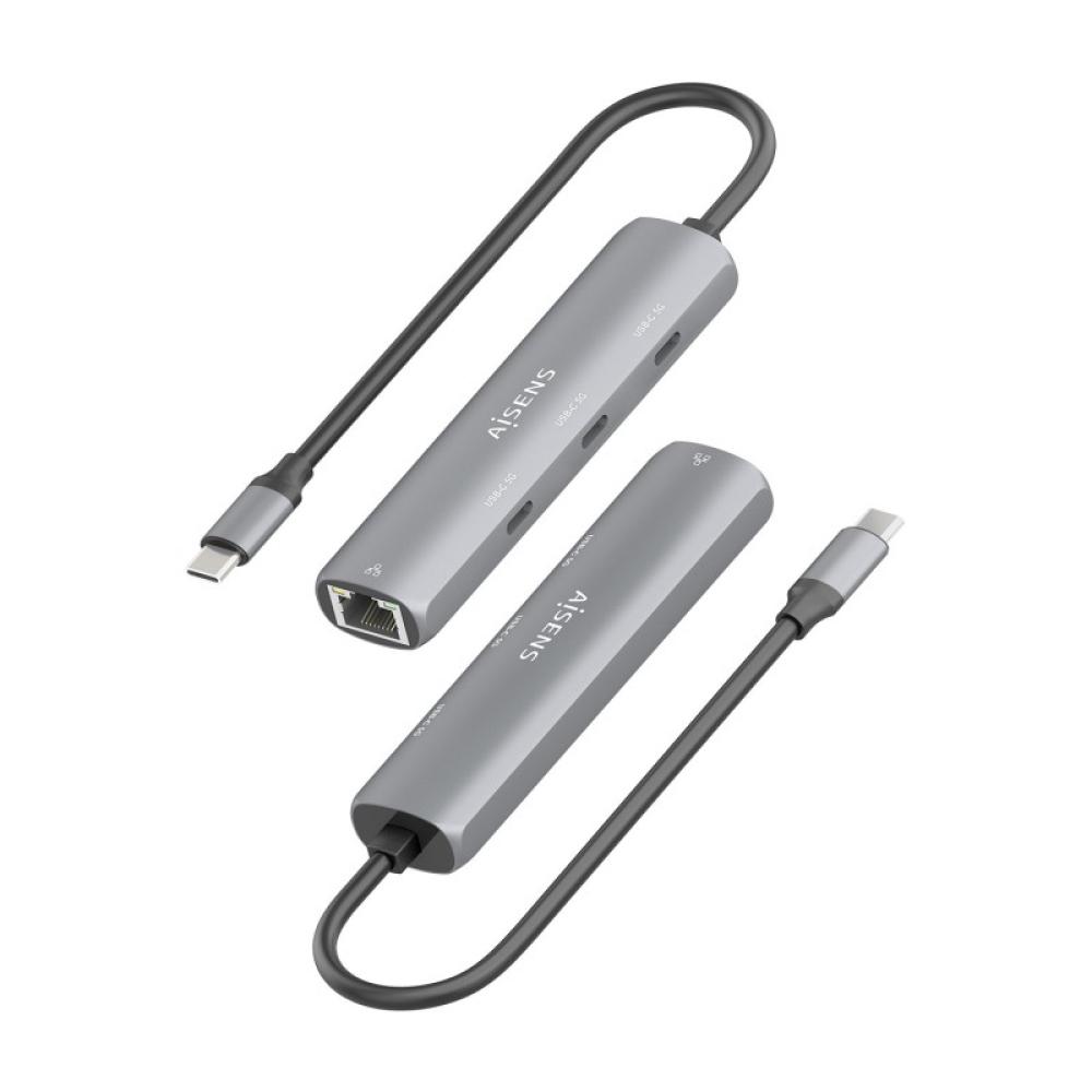 AISENS - Dock USB-C A Ethernet Gigabit + Hub 3xUSB-C, Gris, 15cm