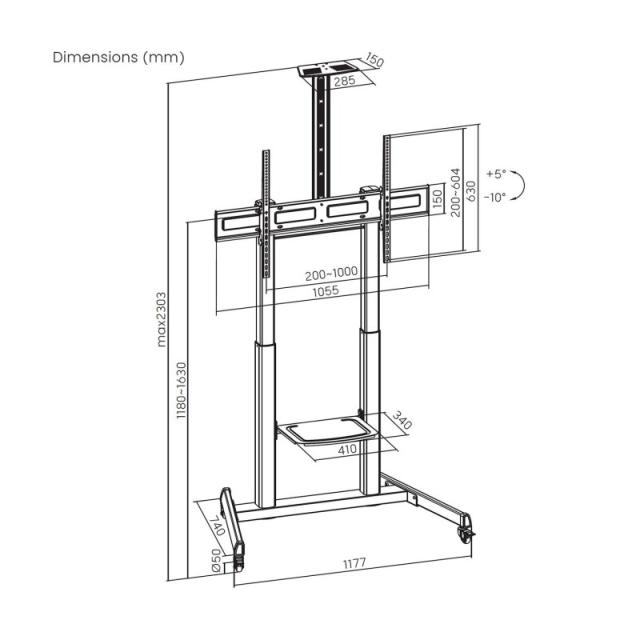 AISENS - Soporte De Suelo Eco Con Ruedas Y Manivela, Bandeja Para DVD Y Soporte De Camara Para Monitor/TV 120kg De 60"-100", Neg