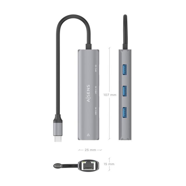 AISENS - Dock USB-C A Ethernet Gigabit + Hub 2xUSB-C+1xUSB-A, Gris, 15cm