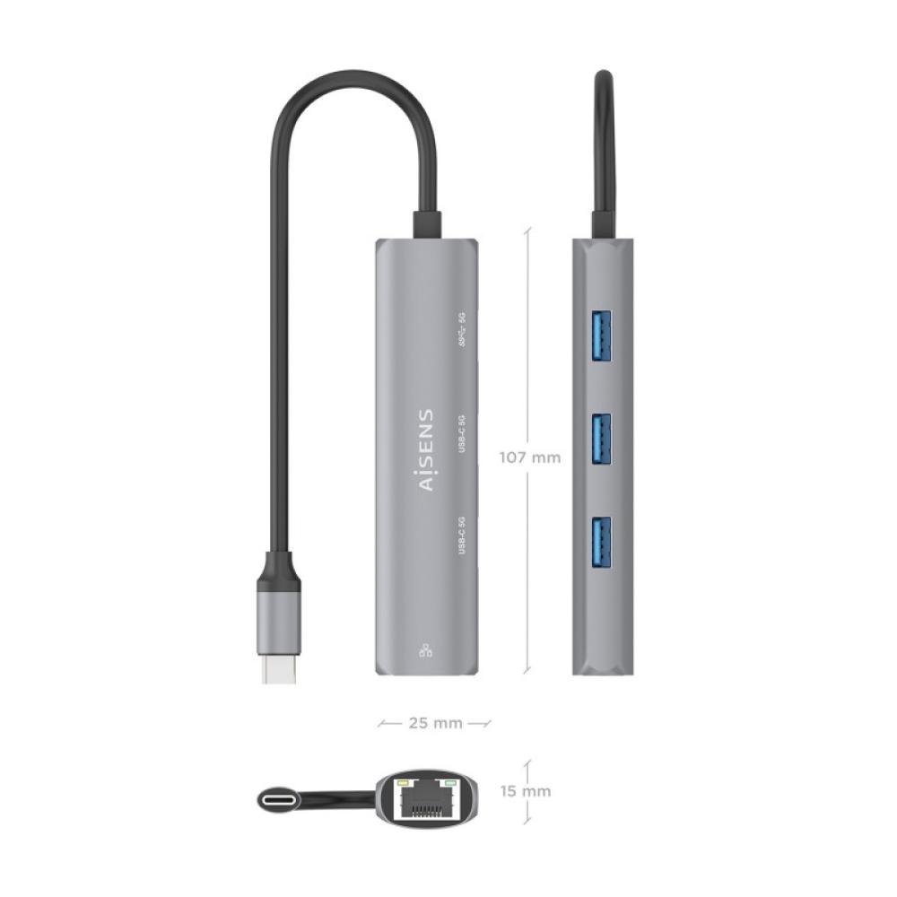AISENS - Dock USB-C A Ethernet Gigabit + Hub 2xUSB-C+1xUSB-A, Gris, 15cm