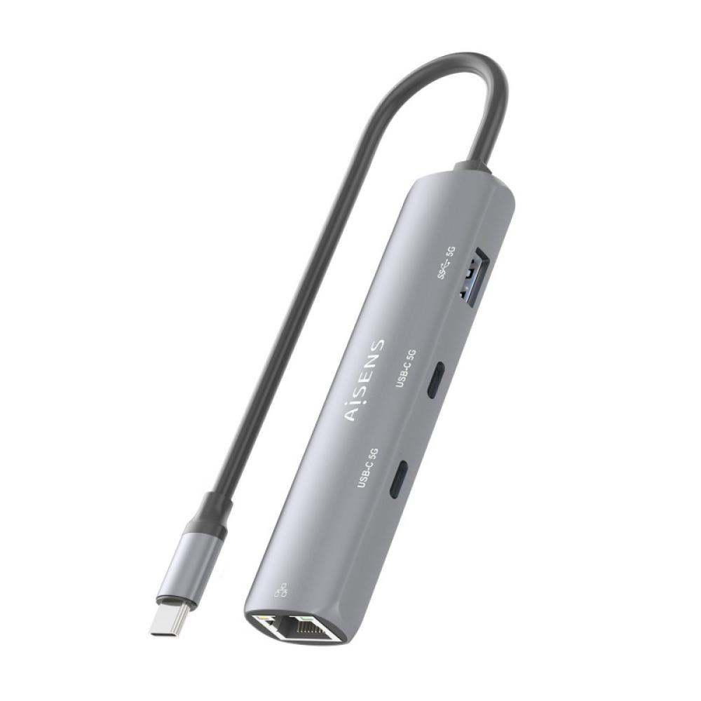 AISENS - Dock USB-C A Ethernet Gigabit + Hub 2xUSB-C+1xUSB-A, Gris, 15cm