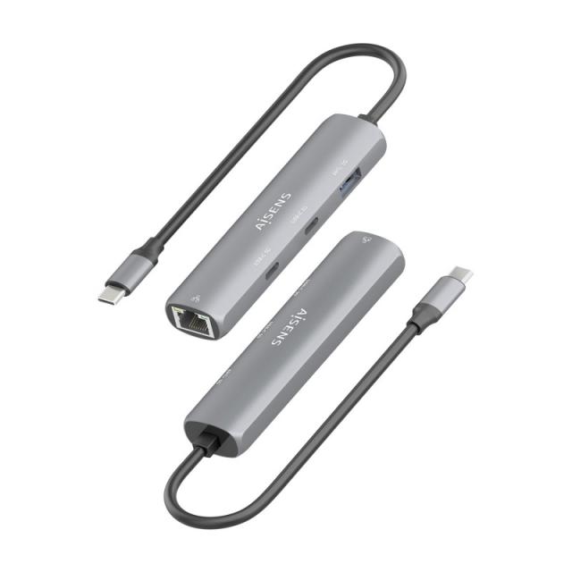 AISENS - Dock USB-C A Ethernet Gigabit + Hub 2xUSB-C+1xUSB-A, Gris, 15cm