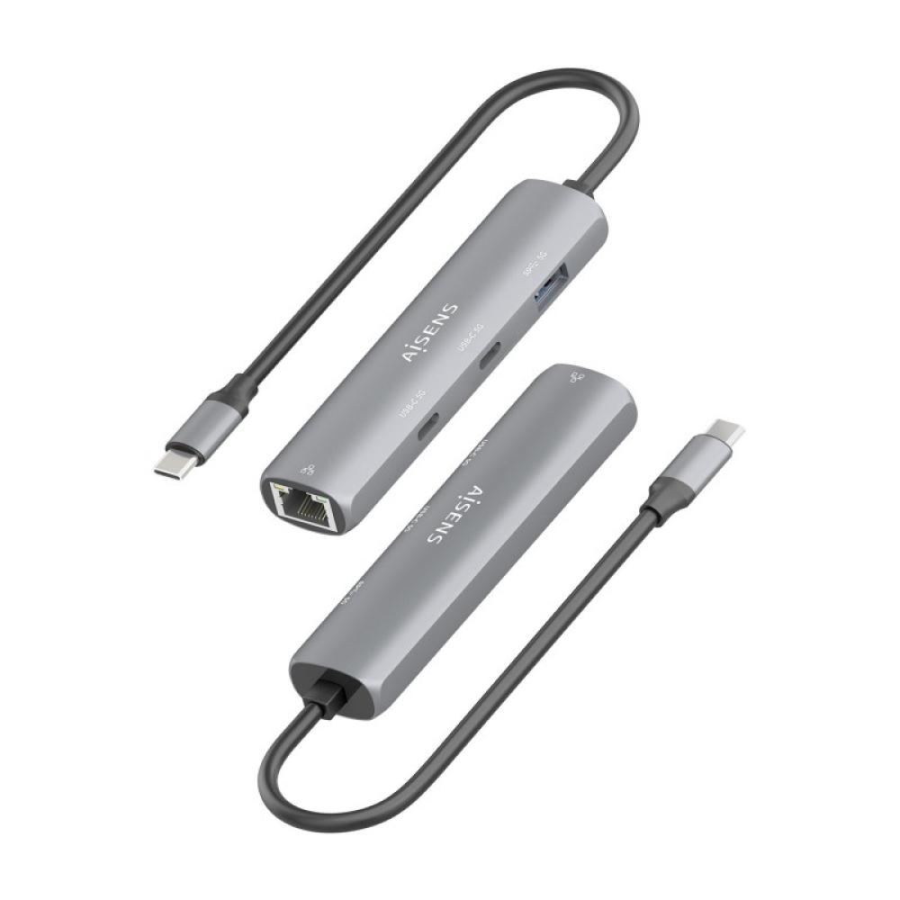 AISENS - Dock USB-C A Ethernet Gigabit + Hub 2xUSB-C+1xUSB-A, Gris, 15cm
