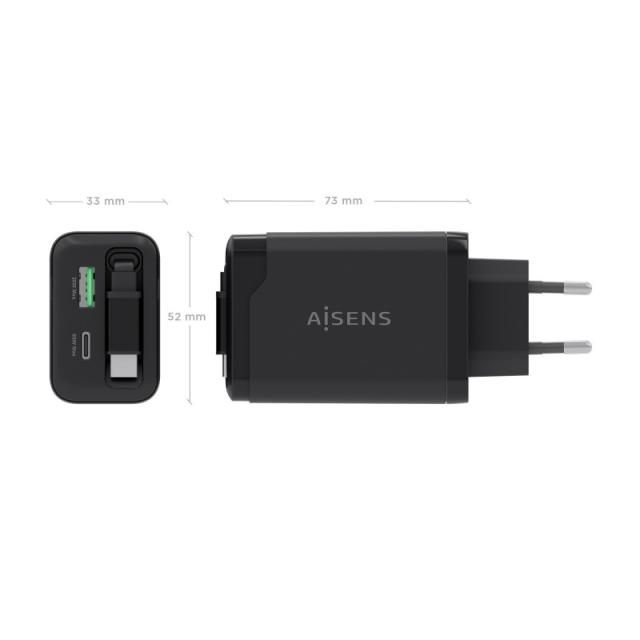 AISENS - Cargador GaN 65W, 1xUSB-C Cable Retractil, 1xUSB-C PD3.0, 1xUSB-A QC3.0, Negro