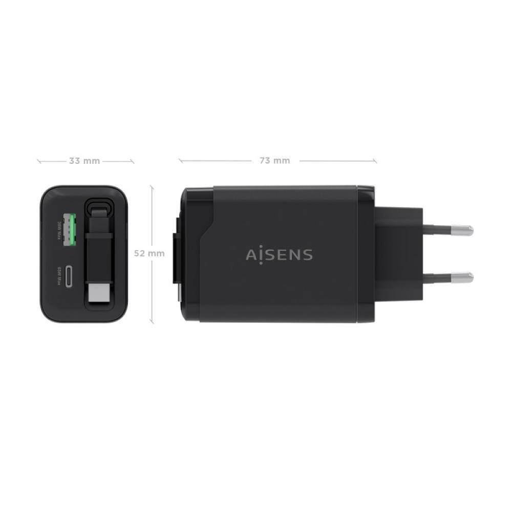 AISENS - Cargador GaN 65W, 1xUSB-C Cable Retractil, 1xUSB-C PD3.0, 1xUSB-A QC3.0, Negro