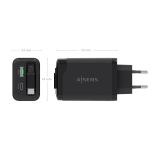 AISENS - Cargador GaN 65W, 1xUSB-C Cable Retractil, 1xUSB-C PD3.0, 1xUSB-A QC3.0, Negro