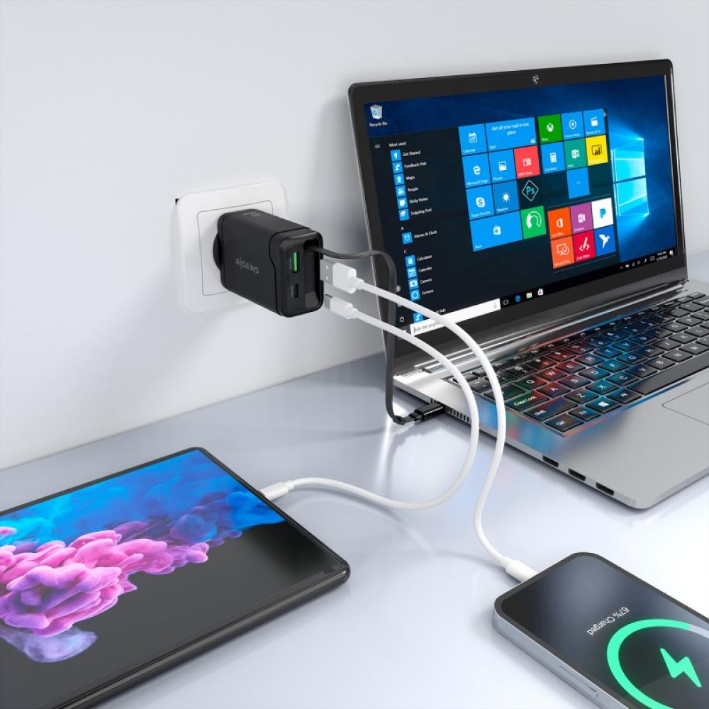 AISENS - Cargador GaN 65W, 1xUSB-C Cable Retractil, 1xUSB-C PD3.0, 1xUSB-A QC3.0, Negro