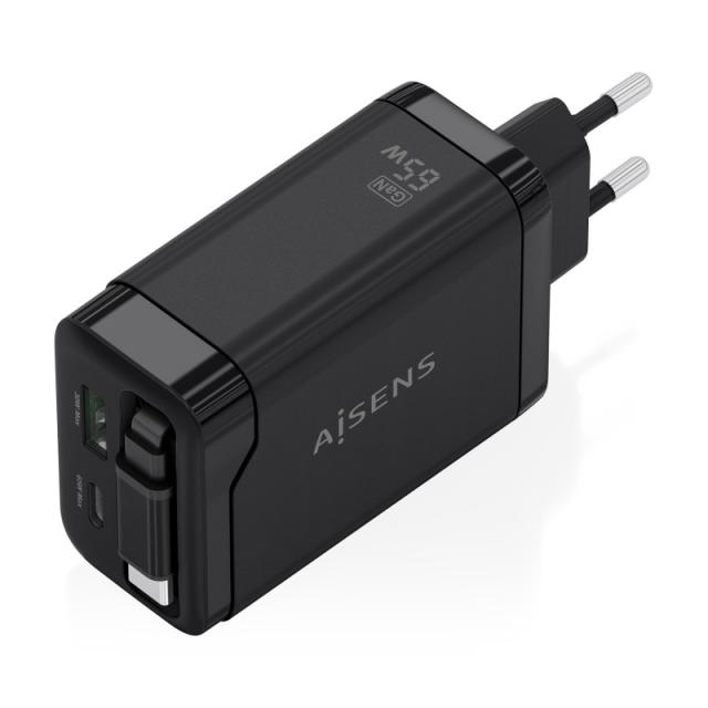 AISENS - Cargador GaN 65W, 1xUSB-C Cable Retractil, 1xUSB-C PD3.0, 1xUSB-A QC3.0, Negro