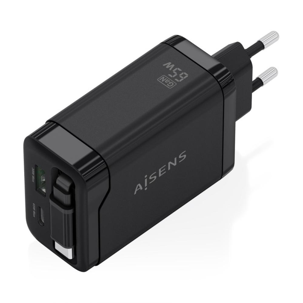 AISENS - Cargador GaN 65W, 1xUSB-C Cable Retractil, 1xUSB-C PD3.0, 1xUSB-A QC3.0, Negro