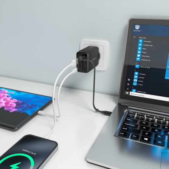 AISENS - Cargador GaN 65W, 1xUSB-C Cable Retractil, 1xUSB-C PD3.0, 1xUSB-A QC3.0, Negro