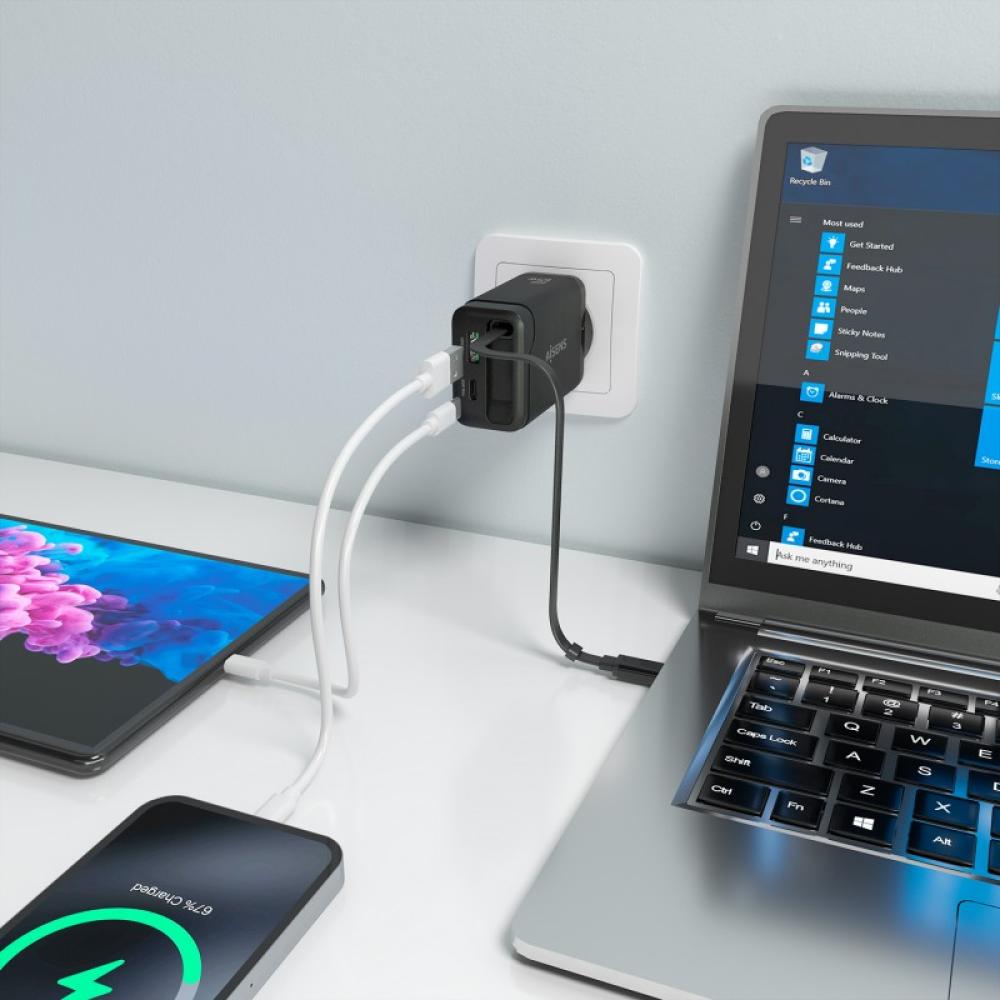 AISENS - Cargador GaN 65W, 1xUSB-C Cable Retractil, 1xUSB-C PD3.0, 1xUSB-A QC3.0, Negro