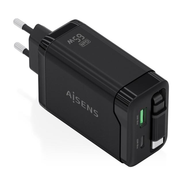 AISENS - Cargador GaN 65W, 1xUSB-C Cable Retractil, 1xUSB-C PD3.0, 1xUSB-A QC3.0, Negro