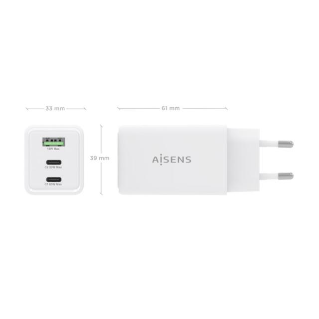 AISENS - Cargador GaN 65W, 2xUSB-C PD3.0 QC4.0, 1xUSB-A QC3.0, Blanco - ASCH-65W3P072-W