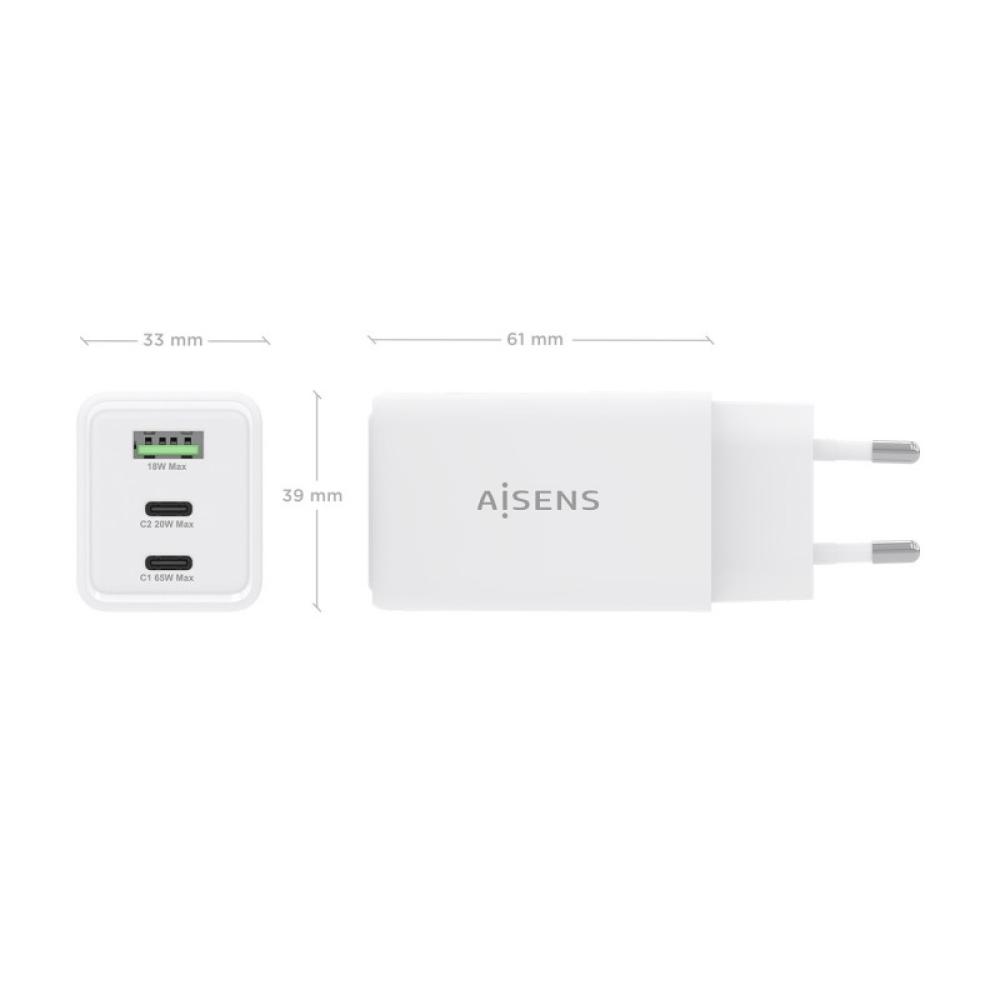 AISENS - Cargador GaN 65W, 2xUSB-C PD3.0 QC4.0, 1xUSB-A QC3.0, Blanco - ASCH-65W3P072-W