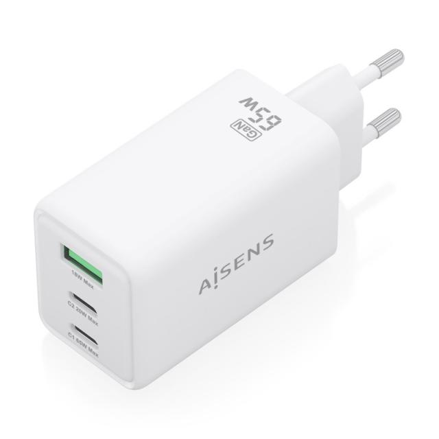 AISENS - Cargador GaN 65W, 2xUSB-C PD3.0 QC4.0, 1xUSB-A QC3.0, Blanco - ASCH-65W3P072-W