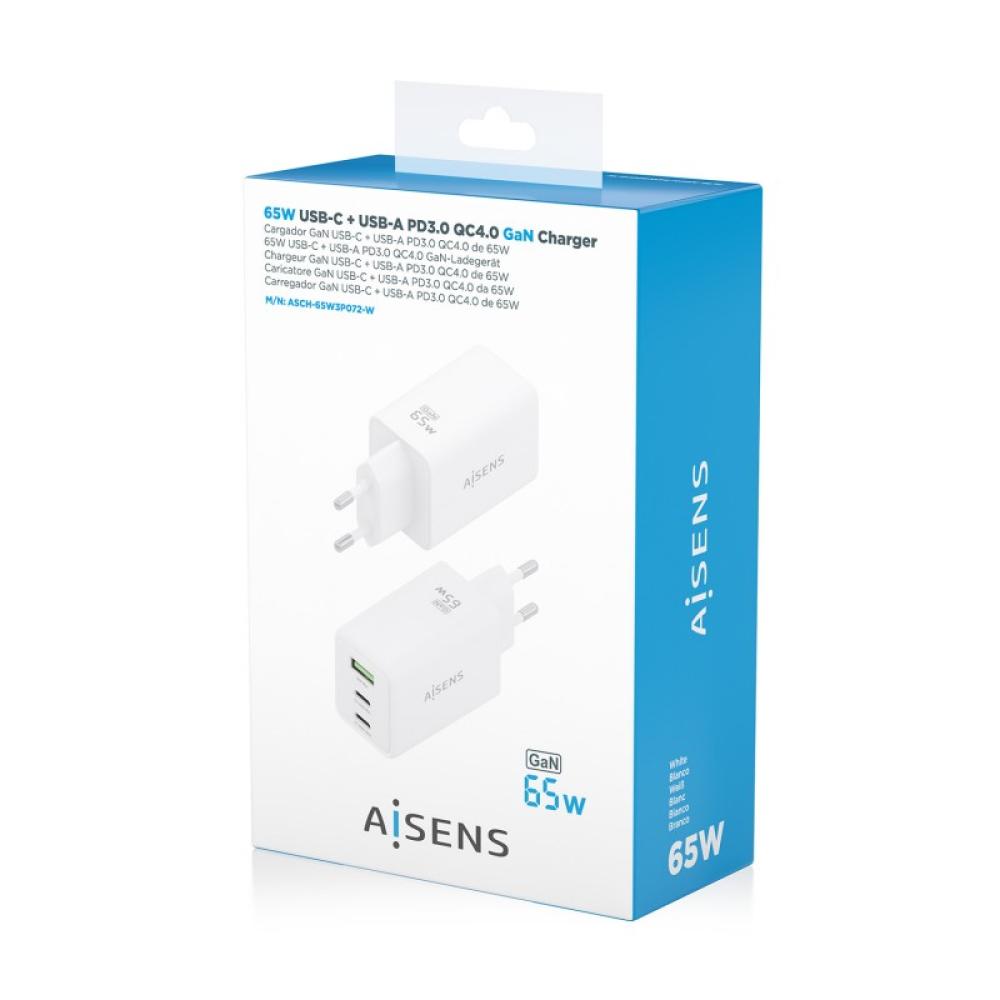 AISENS - Cargador GaN 65W, 2xUSB-C PD3.0 QC4.0, 1xUSB-A QC3.0, Blanco - ASCH-65W3P072-W