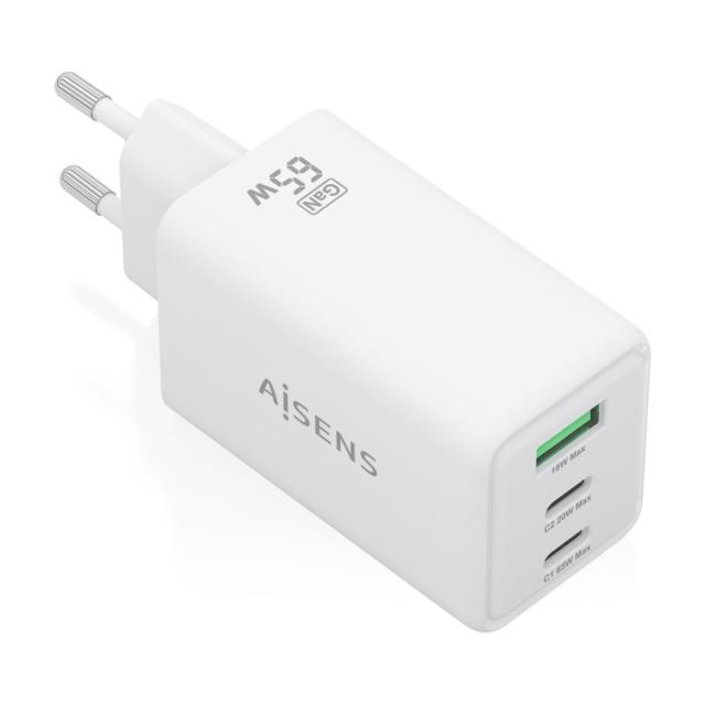 AISENS - Cargador GaN 65W, 2xUSB-C PD3.0 QC4.0, 1xUSB-A QC3.0, Blanco - ASCH-65W3P072-W