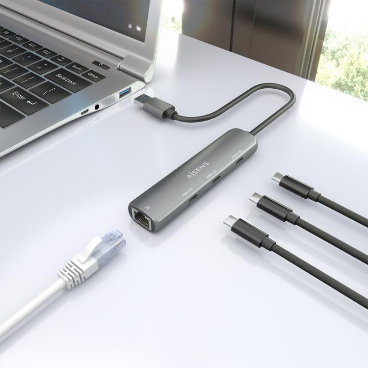 AISENS - USB3.0 Dock USB-A A Ethernet Gigabit + Hub 3xUSB-C, Gris, 15cm