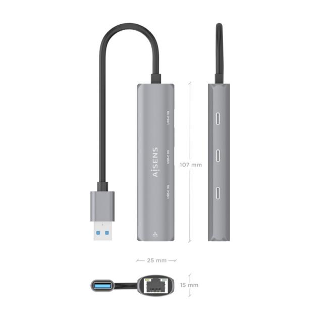AISENS - USB3.0 Dock USB-A A Ethernet Gigabit + Hub 3xUSB-C, Gris, 15cm