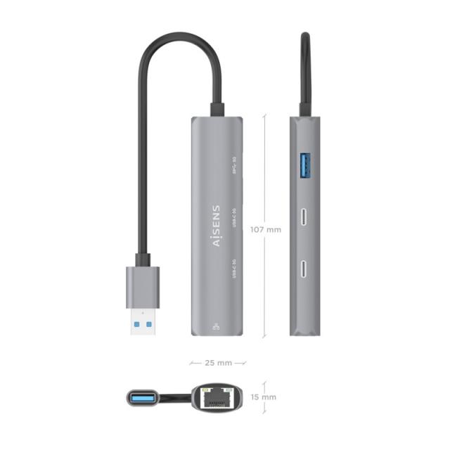 AISENS - USB3.0 Dock USB-A A Ethernet Gigabit + Hub 2xUSB-C+1xUSB-A, Gris, 15cm