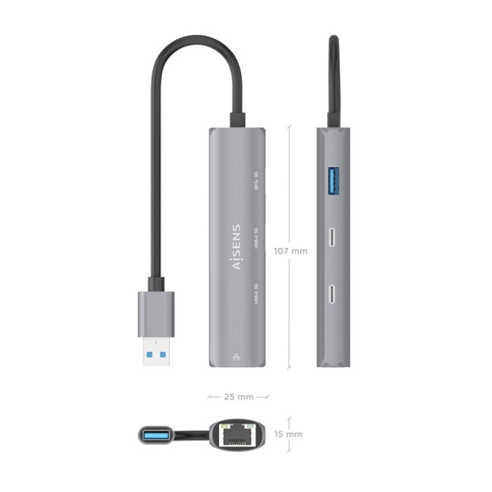 AISENS - USB3.0 Dock USB-A A Ethernet Gigabit + Hub 2xUSB-C+1xUSB-A, Gris, 15cm