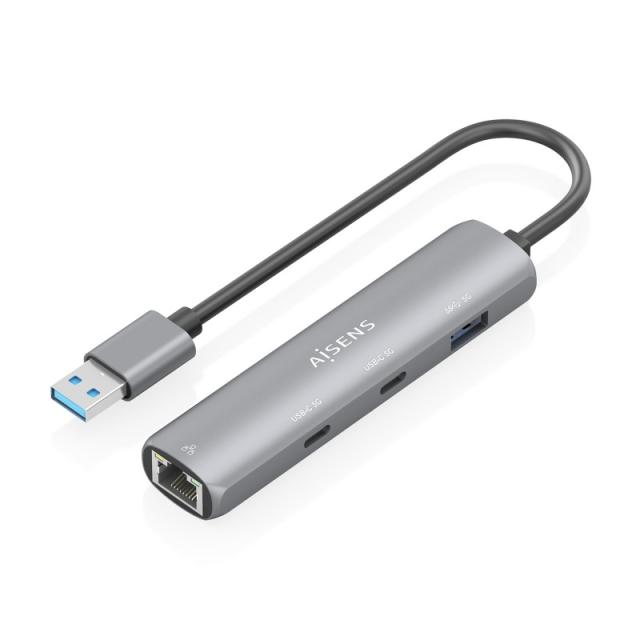 AISENS - USB3.0 Dock USB-A A Ethernet Gigabit + Hub 2xUSB-C+1xUSB-A, Gris, 15cm