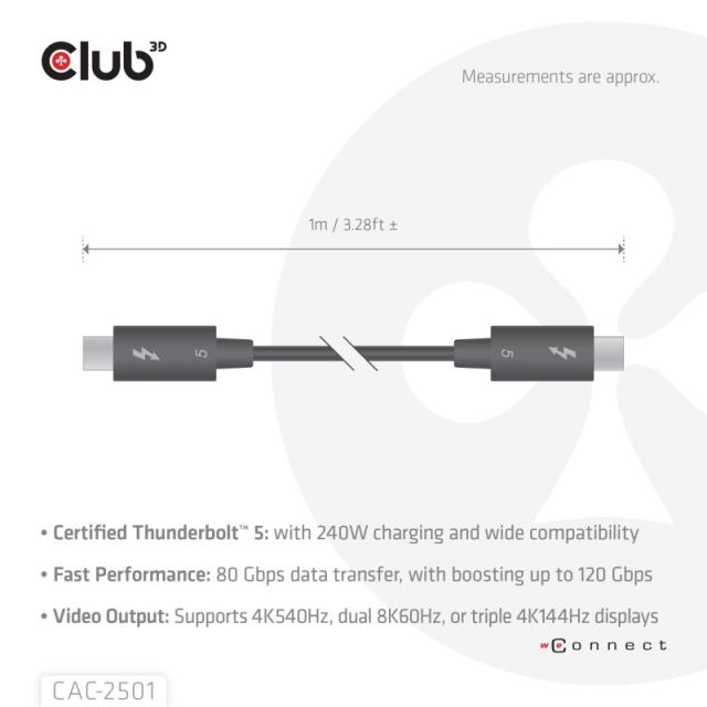 CLUB3D - CAC-2501 cable Thunderbolt 1 m 120 Gbit/s Negro