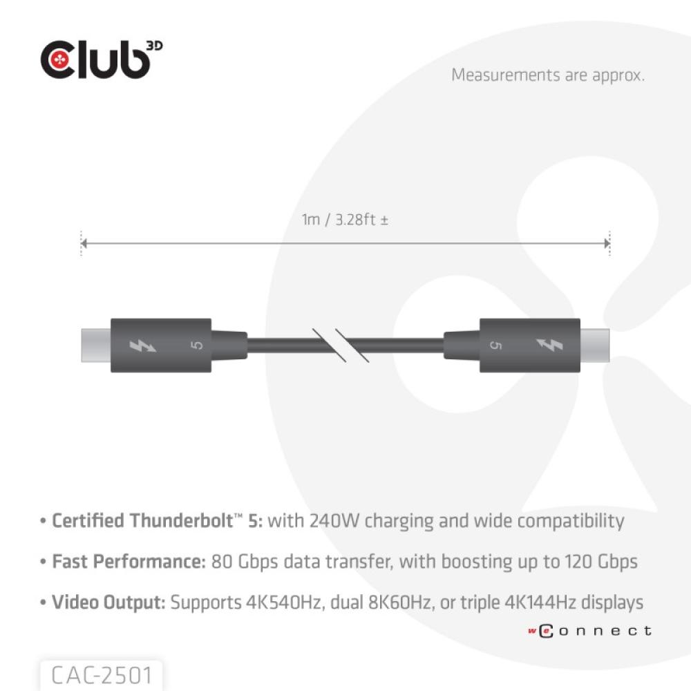 CLUB3D - CAC-2501 cable Thunderbolt 1 m 120 Gbit/s Negro