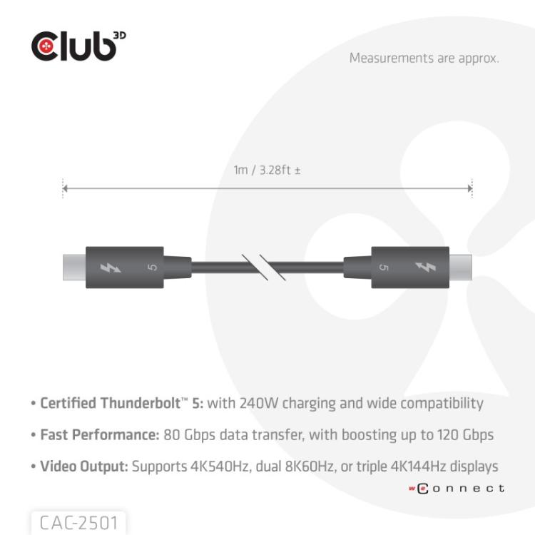 CLUB3D - CAC-2501 cable Thunderbolt 1 m 120 Gbit/s Negro