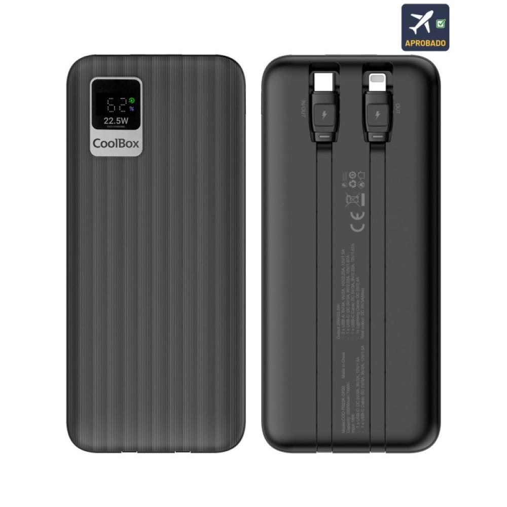CoolBox - POWERBANK DP20 20000MAH LCD+CABLES INTEGRADOS USB-C+LIGHTING NEGRO CARGA RAPIDA