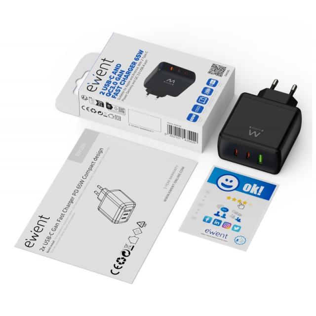 Ewent - Cargador rápido GaN de 65W con 3 puertos (2 USB-C PD y 1 USB-A QC), diseño compacto