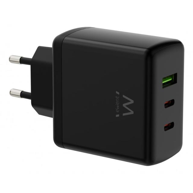Ewent - Cargador rápido GaN de 65W con 3 puertos (2 USB-C PD y 1 USB-A QC), diseño compacto