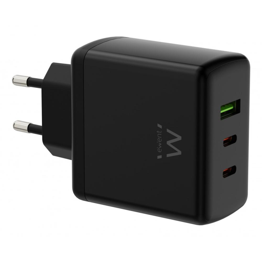 Ewent - Cargador rápido GaN de 65W con 3 puertos (2 USB-C PD y 1 USB-A QC), diseño compacto