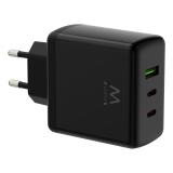 Ewent - Cargador rápido GaN de 65W con 3 puertos (2 USB-C PD y 1 USB-A QC), diseño compacto