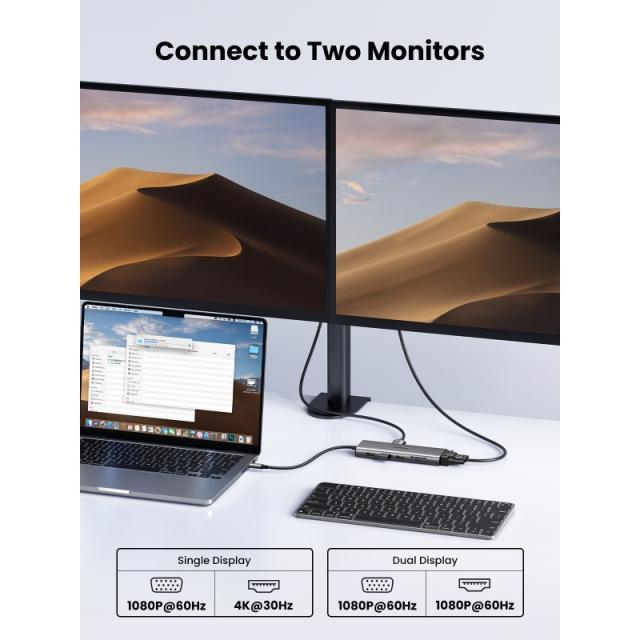 Ugreen - 11-in-1 USB-C Hub to 3x USB-C/2x USB-A/HDMI/VGA/RJ45/SD/TF/3.5mm - Gray Acoplamiento Base Gris