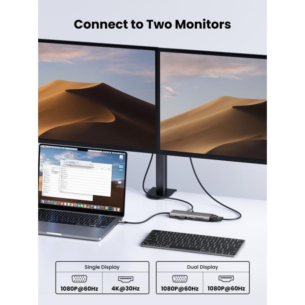 Ugreen - 11-in-1 USB-C Hub to 3x USB-C/2x USB-A/HDMI/VGA/RJ45/SD/TF/3.5mm - Gray Acoplamiento Base Gris