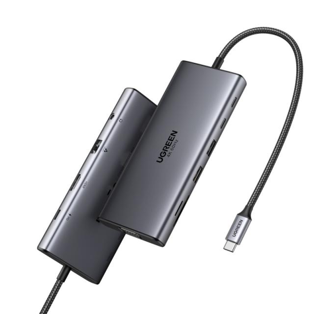 Ugreen - 11-in-1 USB-C Hub to 3x USB-C/2x USB-A/HDMI/VGA/RJ45/SD/TF/3.5mm - Gray Acoplamiento Base Gris