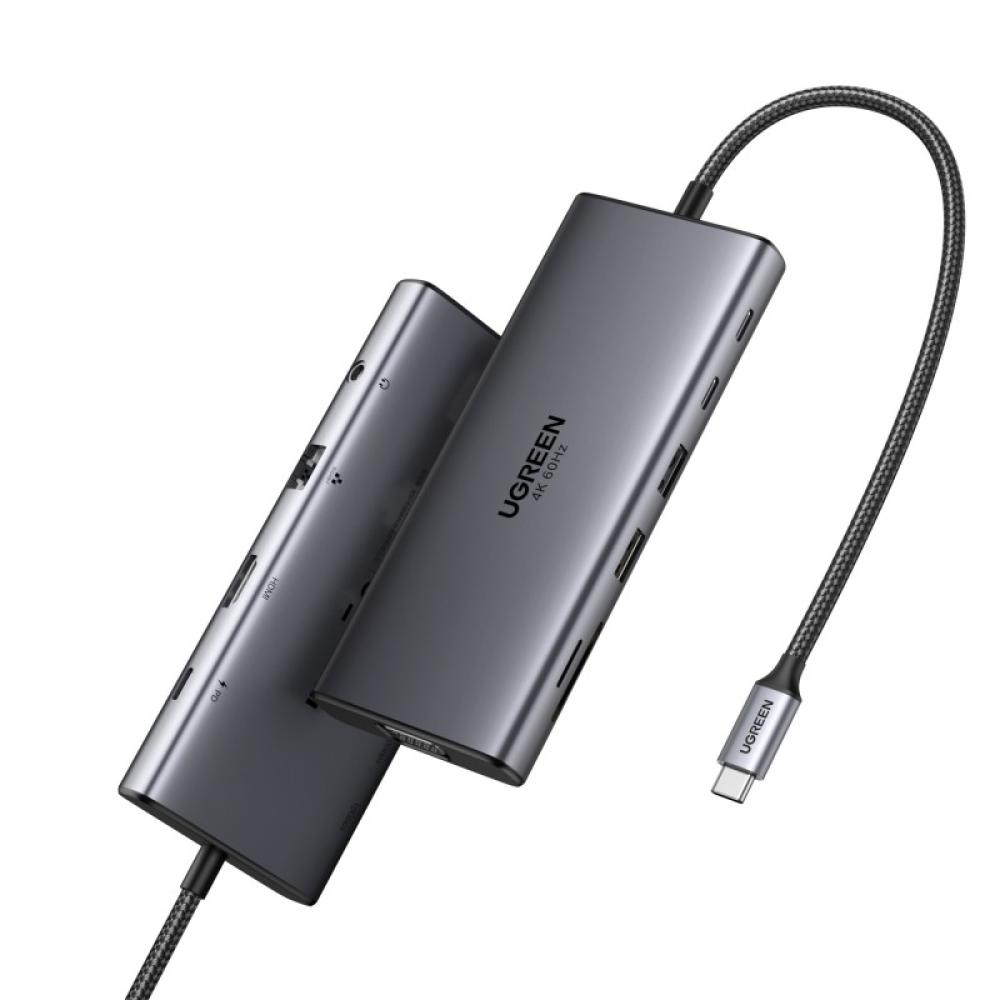Ugreen - 11-in-1 USB-C Hub to 3x USB-C/2x USB-A/HDMI/VGA/RJ45/SD/TF/3.5mm - Gray Acoplamiento Base Gris