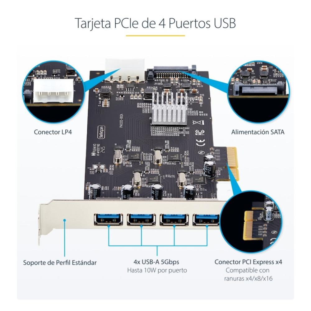 StarTech.com - Tarjeta PCI Express de 4 Puertos USB-A - Tarjeta PCIe USB 3.2 de 5Gbps - 4 Controladores USB Independientes - Hub