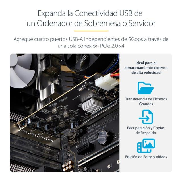 StarTech.com - Tarjeta PCI Express de 4 Puertos USB-A - Tarjeta PCIe USB 3.2 de 5Gbps - 4 Controladores USB Independientes - Hub