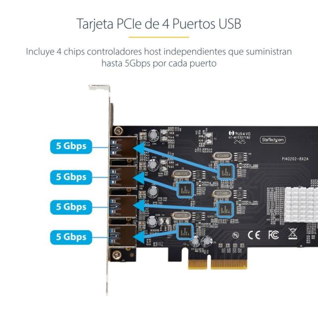 StarTech.com - Tarjeta PCI Express de 4 Puertos USB-A - Tarjeta PCIe USB 3.2 de 5Gbps - 4 Controladores USB Independientes - Hub