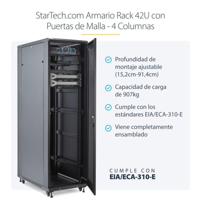 StarTech.com - Armario Rack para Servidores 42U 19" 4 Columnas - Rack de Servidores con Ruedas para Equipo de Red - Armario Rack