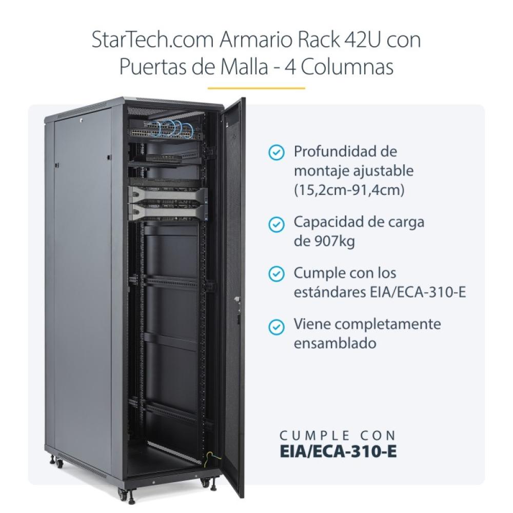 StarTech.com - Armario Rack para Servidores 42U 19" 4 Columnas - Rack de Servidores con Ruedas para Equipo de Red - Armario Rack