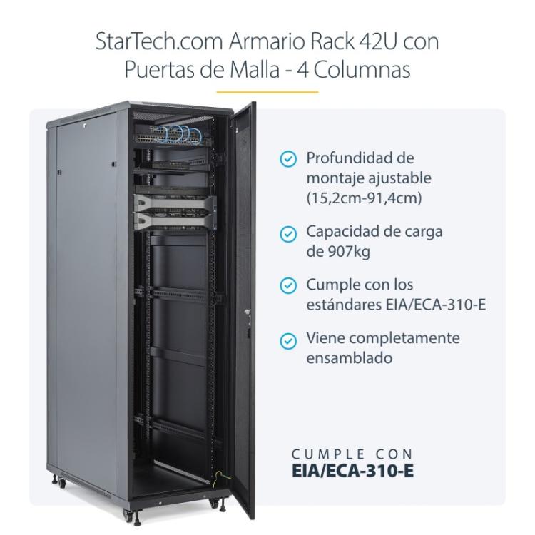 StarTech.com - Armario Rack para Servidores 42U 19" 4 Columnas - Rack de Servidores con Ruedas para Equipo de Red - Armario Rack