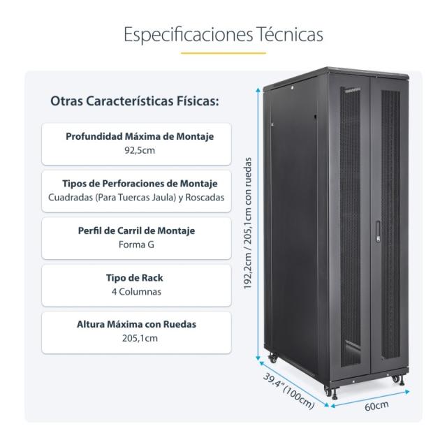 StarTech.com - Armario Rack para Servidores 42U 19" 4 Columnas - Rack de Servidores con Ruedas para Equipo de Red - Armario Rack