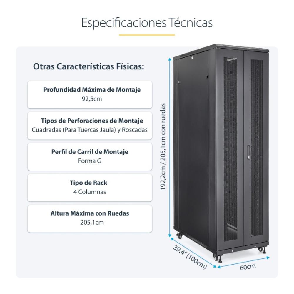 StarTech.com - Armario Rack para Servidores 42U 19" 4 Columnas - Rack de Servidores con Ruedas para Equipo de Red - Armario Rack