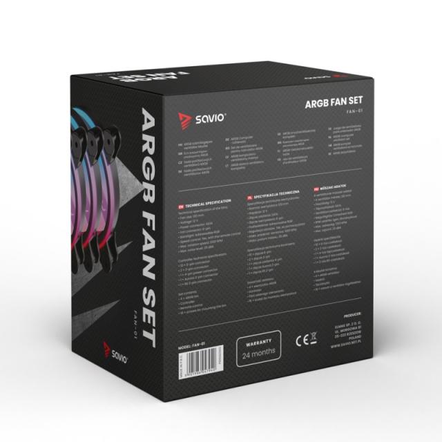 Savio - FAN-01 4-pack 120mm ARGB fan including controller and remote control Carcasa del ordenador Ventilador 12 cm Negro 4 piez